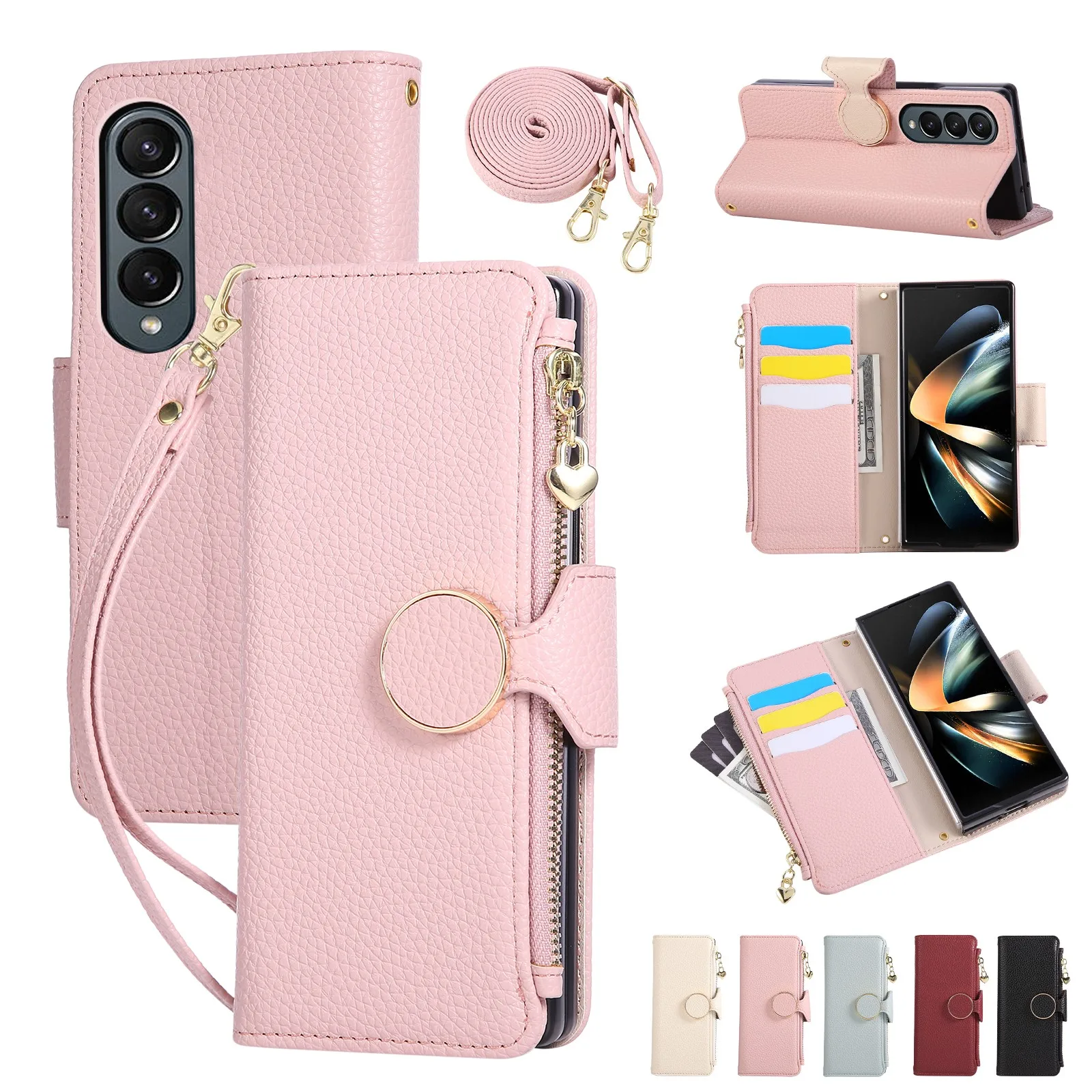 Kickstand Flip Wallet Phone Case With Round Buckle Card Slots And Zipper Pocket For Samsung Galaxy Z Fold 7 6 5 4 3 8 Ultra