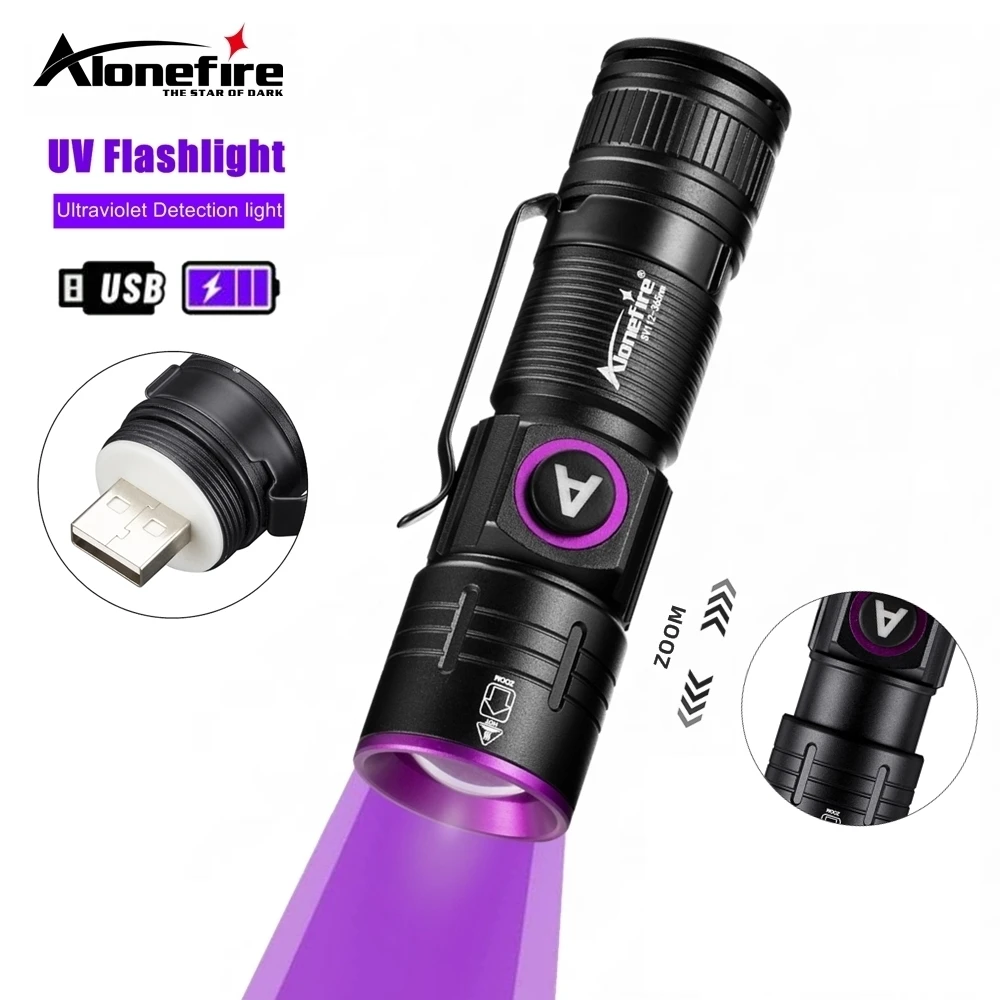 Zoomable 365/395nm UV Flashlight LED Mini Ultraviolet Torch Violet Light Pet Stains Scorpion Anti-counterfeiting Identification