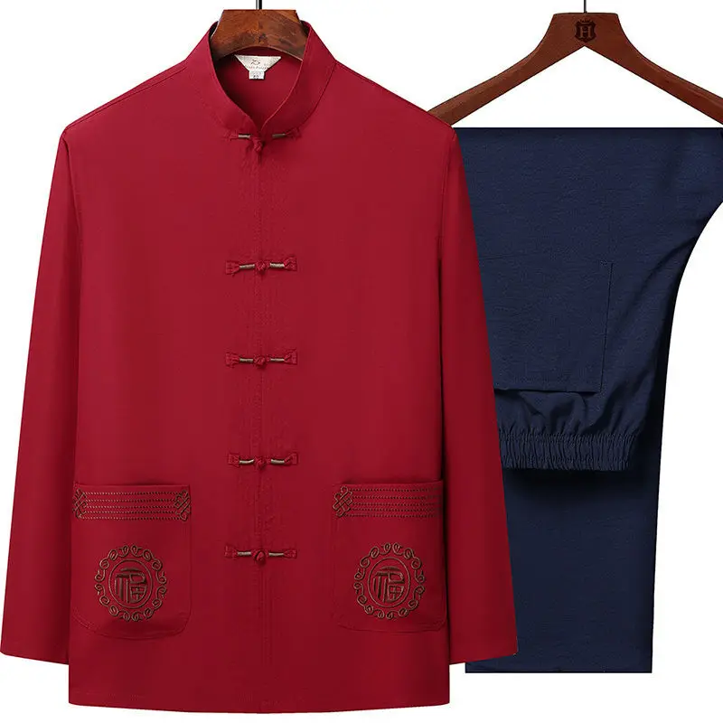 خمر قميص طويل الأكمام السراويل دعوى للرجال في منتصف العمر المسنين عارضة المشهد Hanfu الملابس الكونغ فو الصينية التقليدية #2