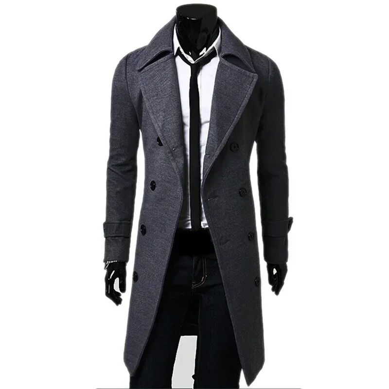 Trench coat masculino duplo breasted mistura de lã 2023 outono inverno sólido casual fino ajuste jaqueta longa casaco de lã moda roupas masculinas