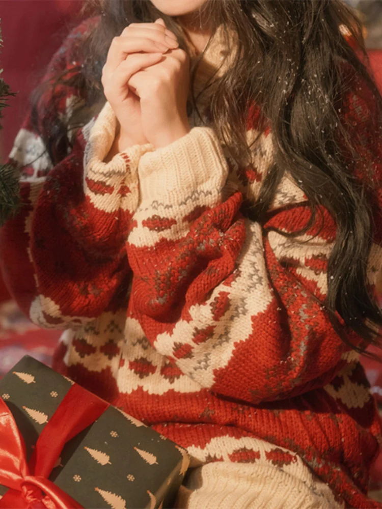 سترة حمراء محبوكة فضفاضة للنساء، ملابس شتوية عصرية كاجوال على الطراز الكوري مع زهور، ماركة لينغ، ملابس داخلية جديدة للعام الجديد