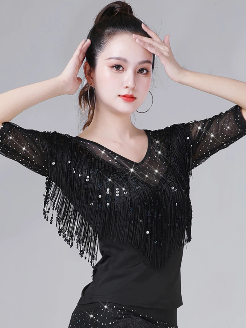 Adult Latin Dance Costume Costume Glitter Sequin Tassels Shiny Mesh V-Neck Top Modern Dance Women Ballroom Dancewear