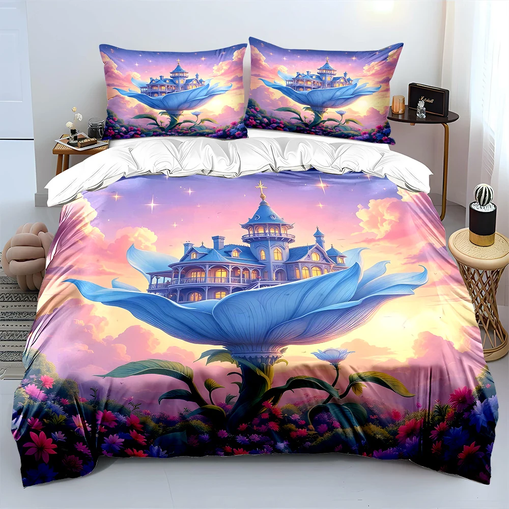 Fantasy castle atop blue petals Print Bedding Set 1 Duvet Cover 2 Pillowcases for Adult and Children Luxury Gift Full Size