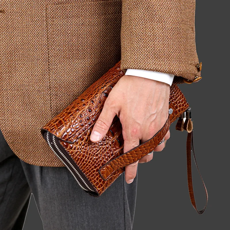 Business Crocodile Pattern Men\'s Clutch bag with Wrist Strap Large Long Split Leather Male Hold bags Wallets Card Holder Purse