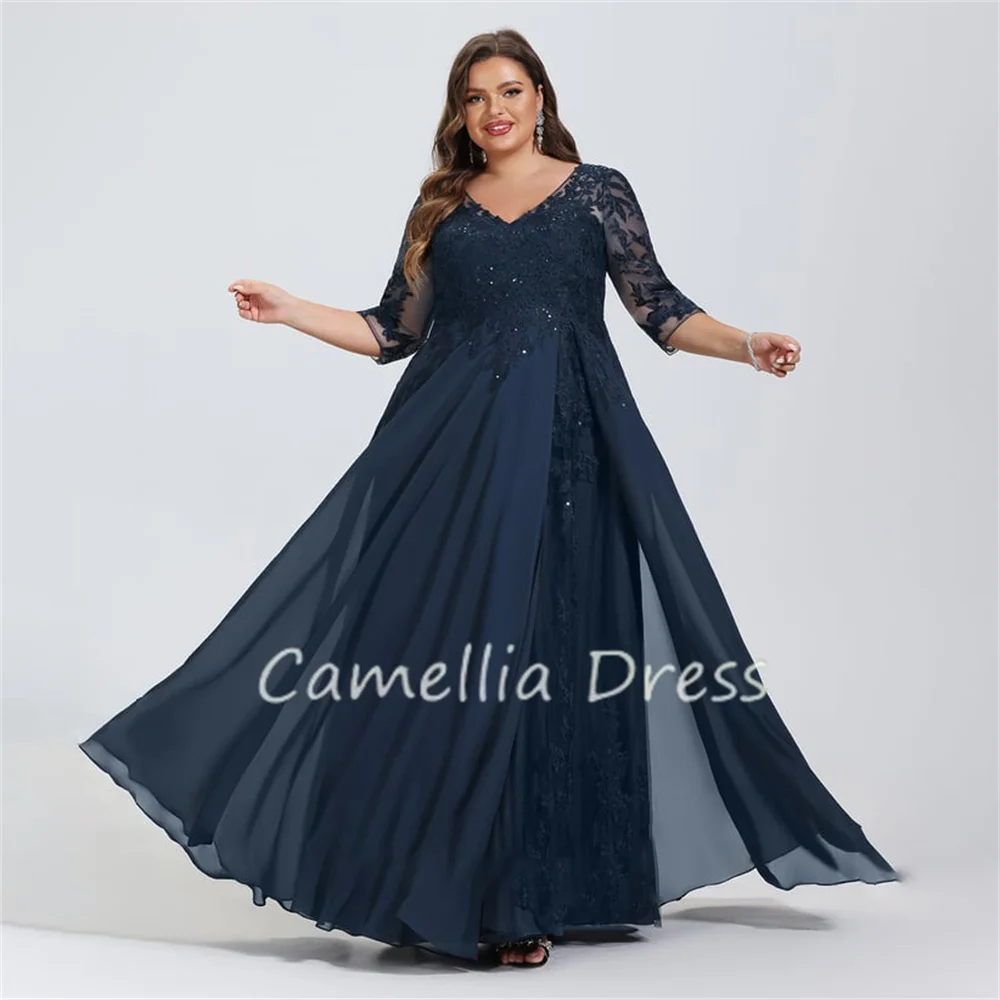 Vestido de chiffon com decote em v com lantejoulas, vestidos formais para a mãe da noiva, renda e linha A, novo traje formal