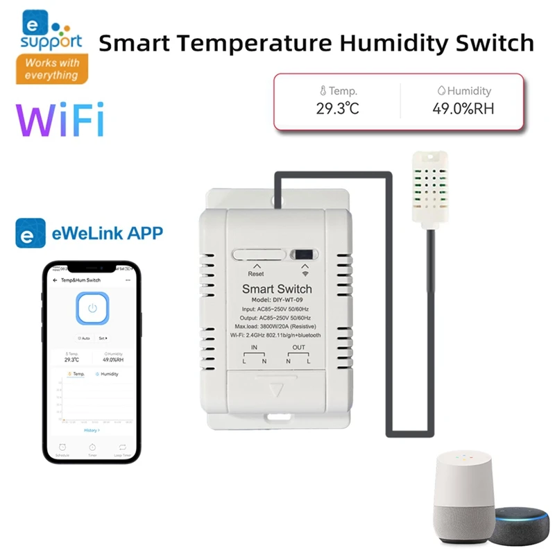 Wifi Smart Temperature And Humidity Switch With 1M Sensor Ewelink 20A Temperature Humidity Switch Supports Voice Control