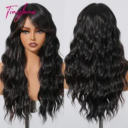 Long Curly Black Mixed Brown Wave Synthetic Wigs with Bangs for Women Lolita Cosplay Wig Daily Natural Fake Hair Heat Resistant