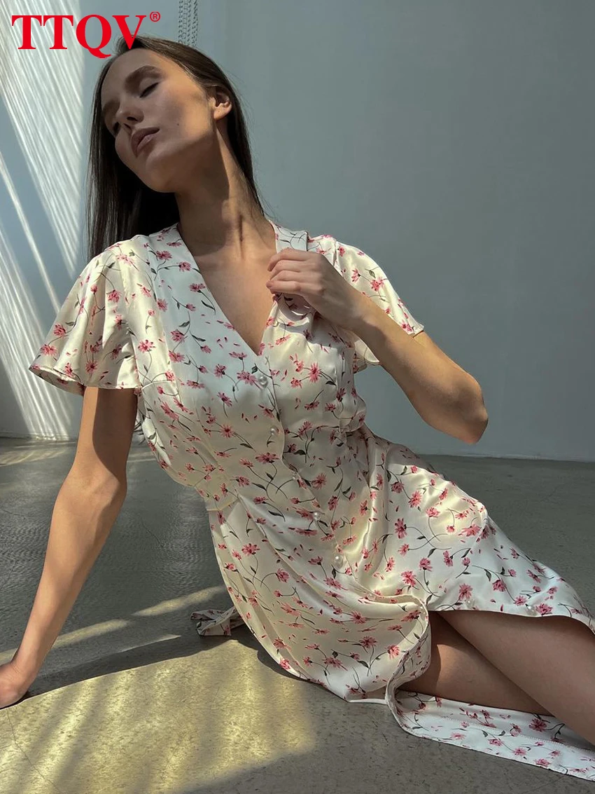 

TTQV Summer Loose Print Women Dress Fashion V-Neck Short Sleeve Midi Dresses Elegant High Waist Single Breasted Female Dress