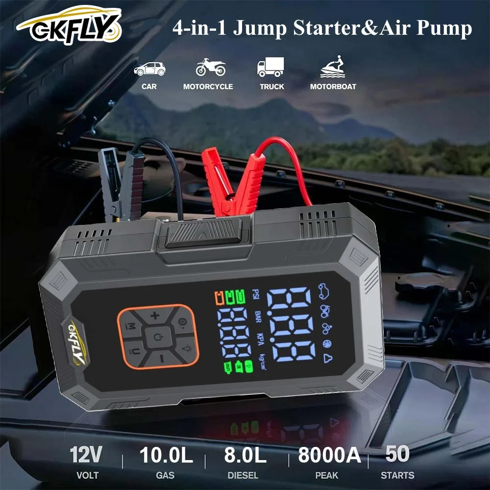 GKFLY 4-IN-1 Car Jump Starter with Air Compressor Peak 8000A Battery Booster Air Pump Portable 16000mAh Power Bank Tire Inflator