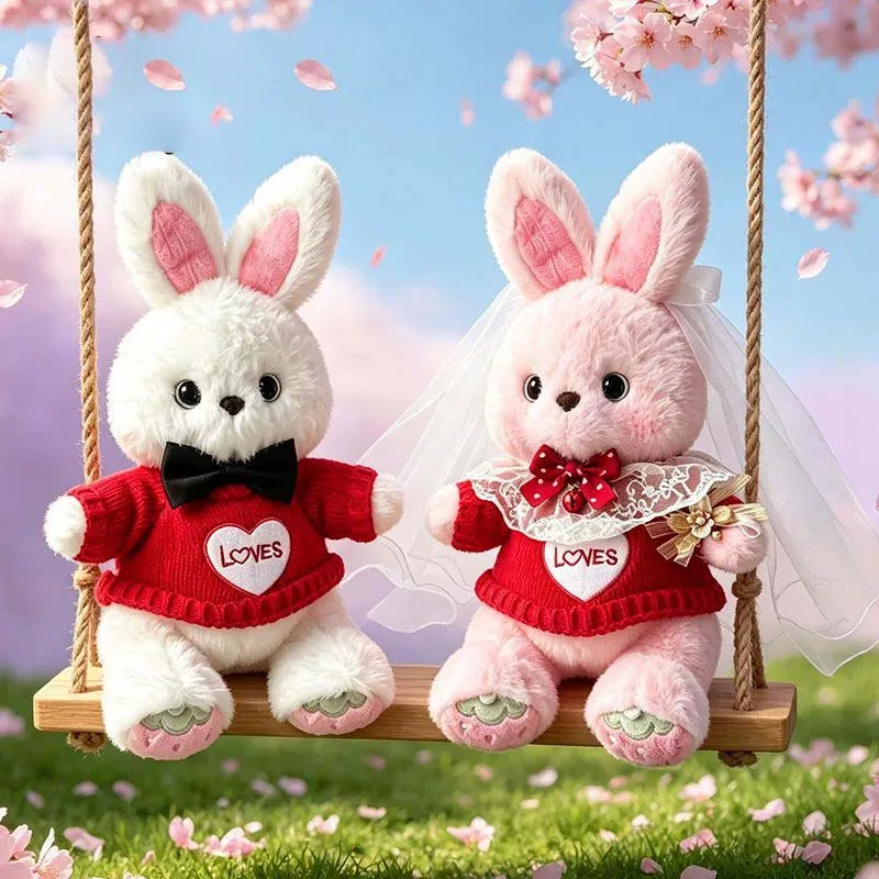 Romantic Wedding Couple Bunny Plush Toy Set with Bow Tie and Veil Red Knit Sweater Soft Stuffed Doll Decor Holiday Surprise Gift