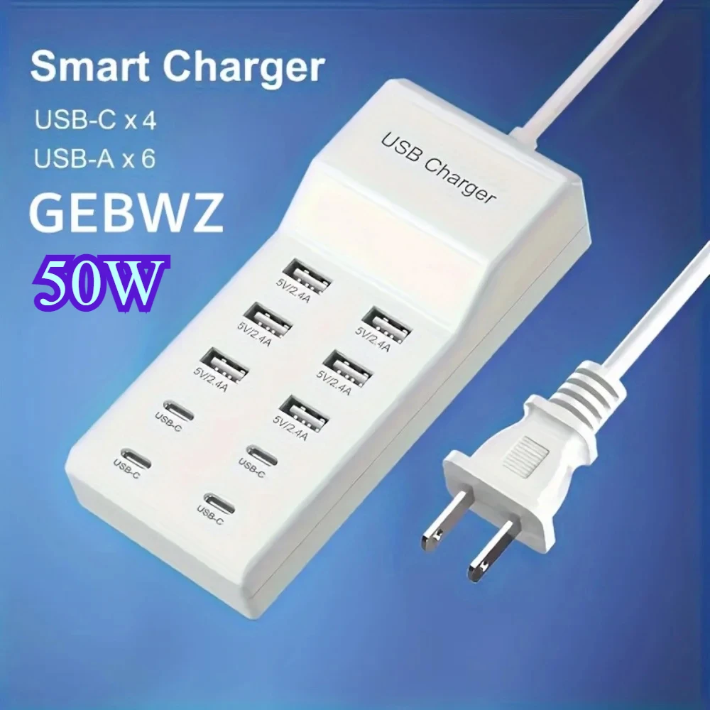 50W USB Charger 10-Ports USB Charging Station for Multi Devices Type C Hub Adapter for iPhone Samsung Xiaomi 16 Extension Socket