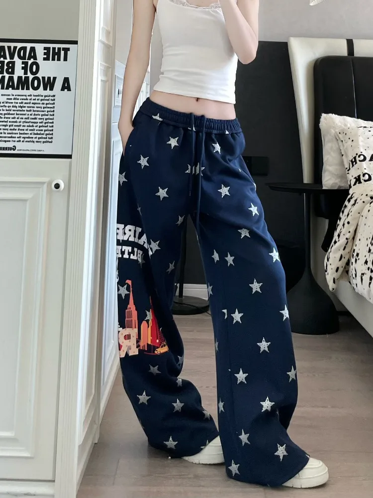 Women's Star Pattern Print Wide Leg Thin Sweatpants Hip-hop Unisex Pants Summer Girl Casual Bottoms Female High Waisted Trousers