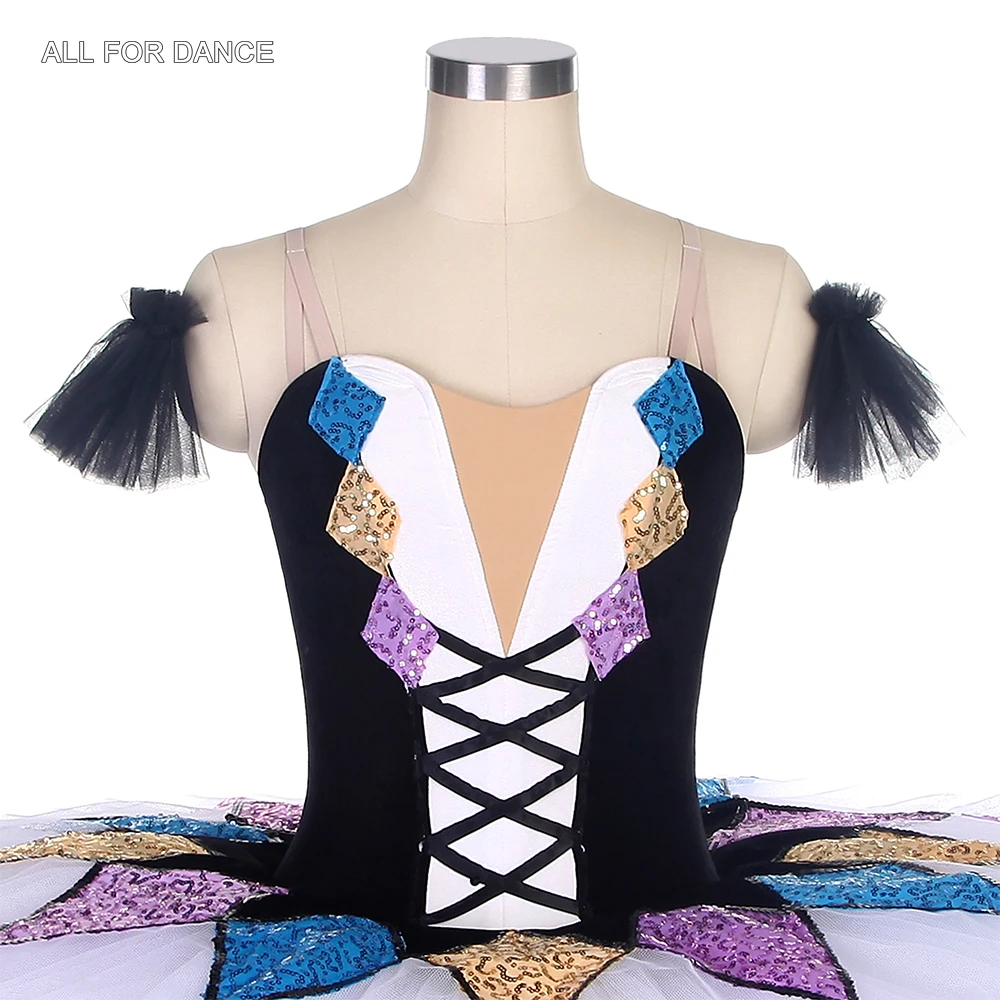 Tutu de danse de ballet à motif arlequin pour filles et femmes, corsage en velours noir, tutu de pansement de ballet professionnel, tutu plissé BLL466