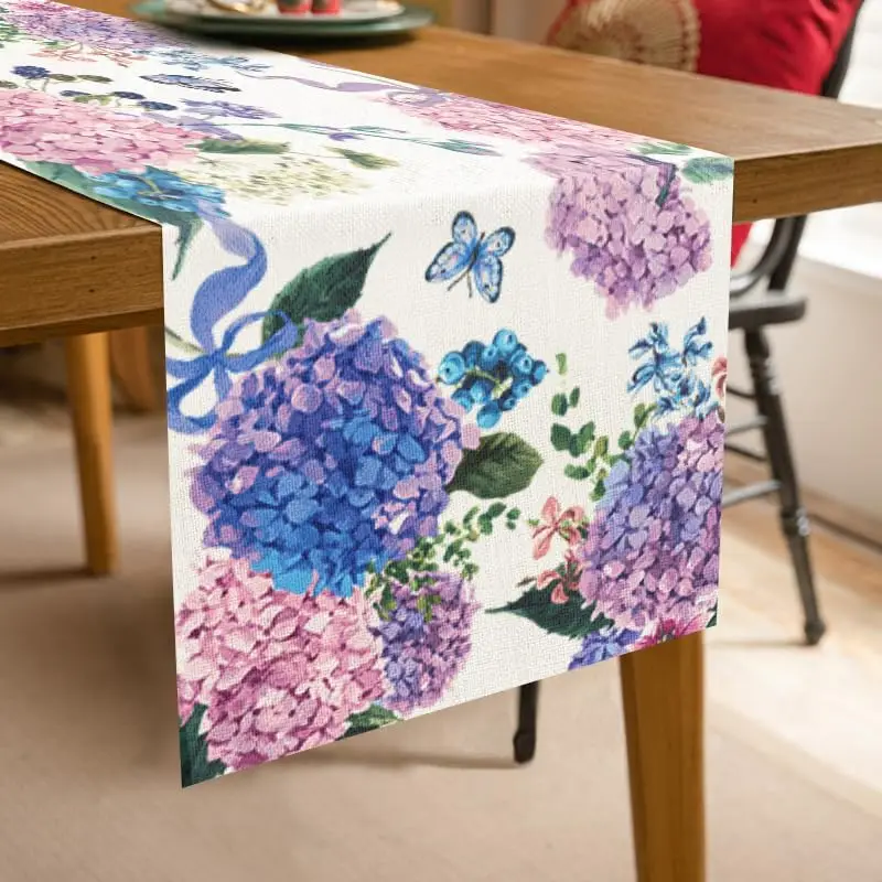 Colorful Hydrangeas Linen Table Runners Summer Flower Dresser Scarf Table Decor Holiday Wedding Party Kitchen Dining Table Decor
