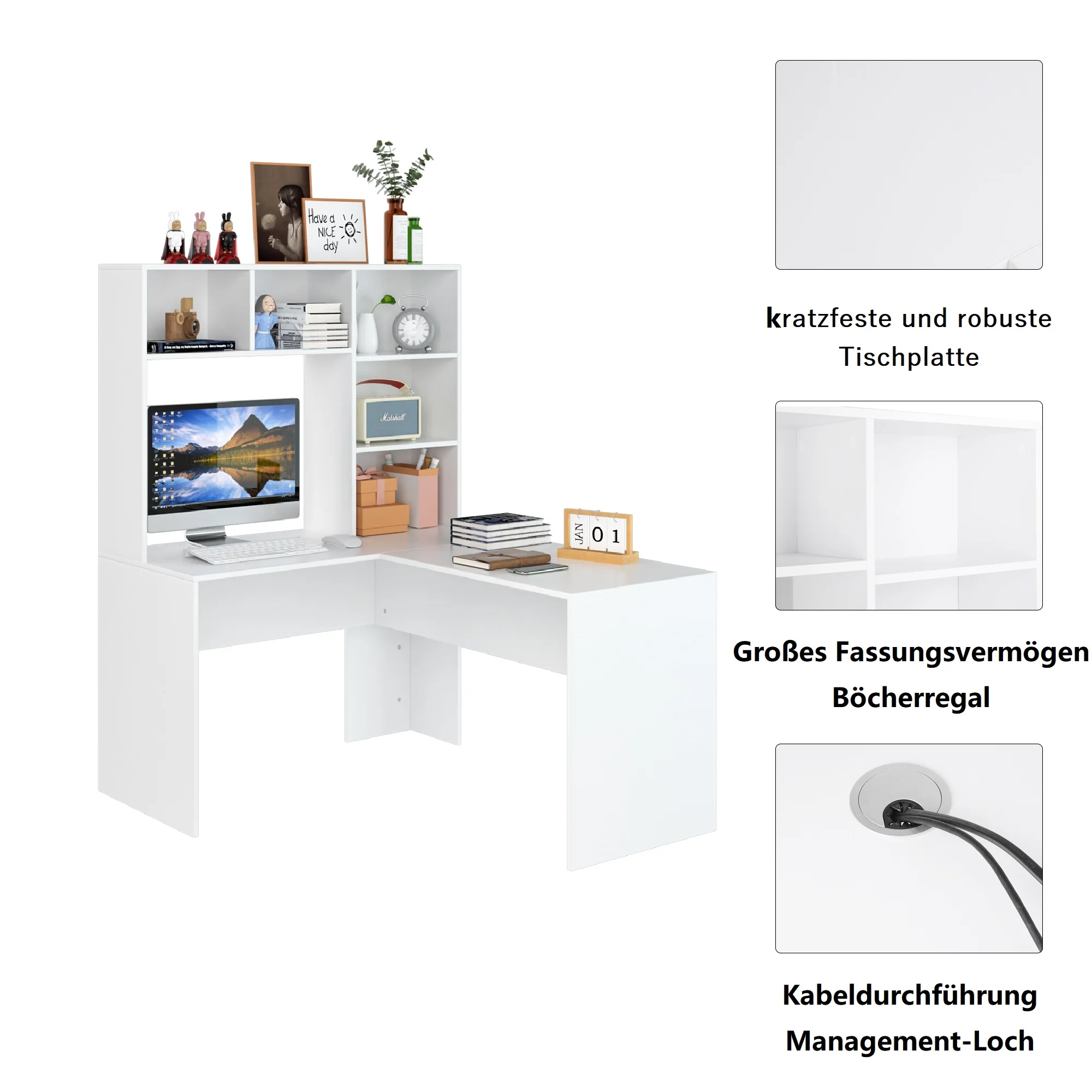 Getone escritorio, esquinero mesa, escritorio blanco, escritorio en L con Estantería para Dormitorio, Estudio, Oficina 107.8x124.7x152.5cm