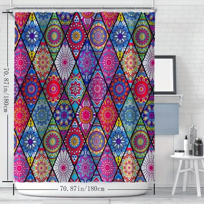 Bohemian Colorful Diamond & Floral Pattern Digital Print Shower Curtain - YWJHUI Water-resistant Polyester Bath Curtain with Hoo