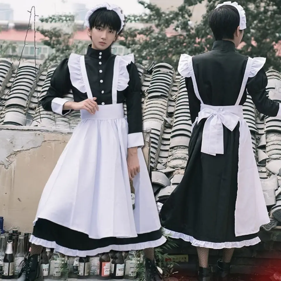 Vintage Anime Maid Outfit Cafe Männer tragen Arbeits kleidung Cosplay Kostüm niedlichen japanischen Lolita Kleid Party Kellnerin Kawaii Gothic Kleidung