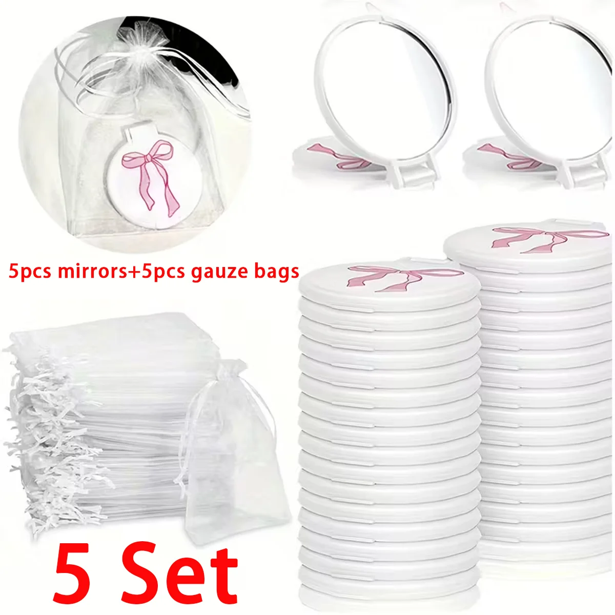 5 Sets Pink Bow Mini Pocket Mirror - Vanity Accessories For Women, Birthday Party Favors, Wedding Anniversary Bridal Shower Gift