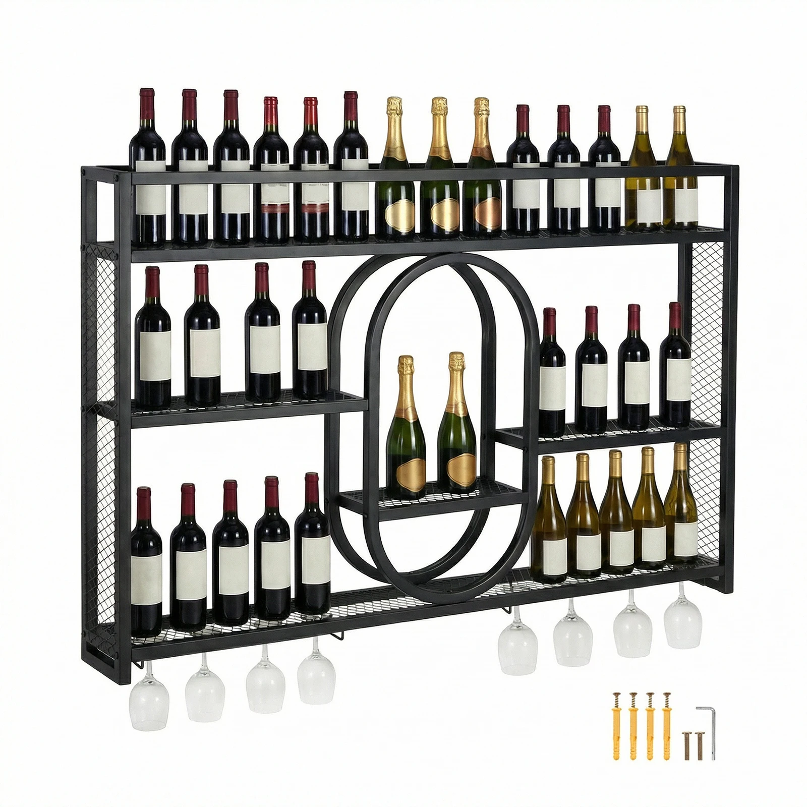 Estante de Exhibición para Botellas de Vino con Soporte para Copas, Estantes Flotantes para Exhibición de Licores para Bodega, Bar, Restaurante, Vestíbulo de Hotel