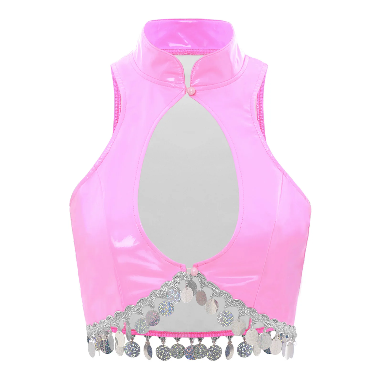 

Women Wet Look PU Leather Crop Vest Sexy Stand Collar Sleeveless Front Hollow Out Sequin Tassel Tank Tops Belly Club Dancewear