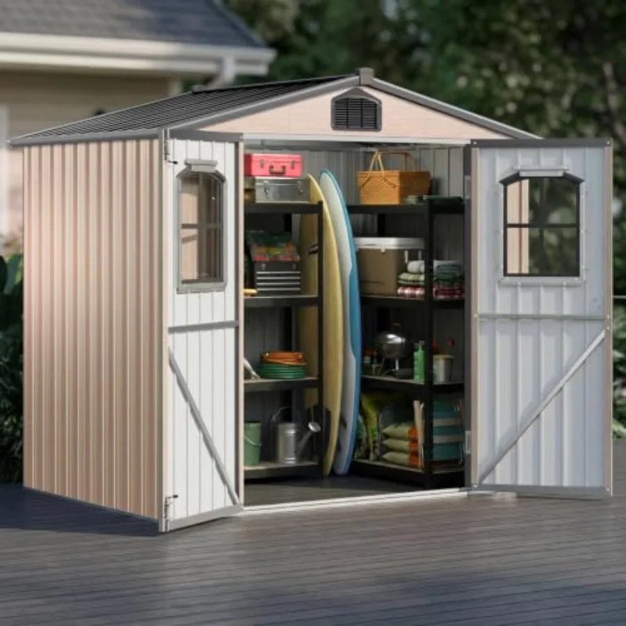 6x4FT Outdoor Storage Shed, Heavy-Duty Metal Garden Tool Shed with Double Doors and 2 Windows, Weatherproof Metal Utility Cabin