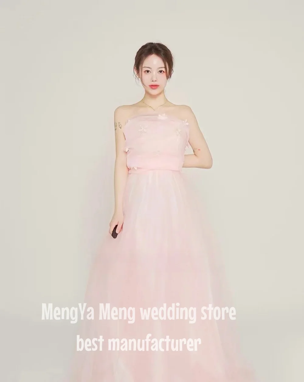 ZHUISHU Light Pink Strapless Tulle Evening Dress Floral Embellished Ball Gown Sweet Elegant Formal Dress Customized Korean Photo