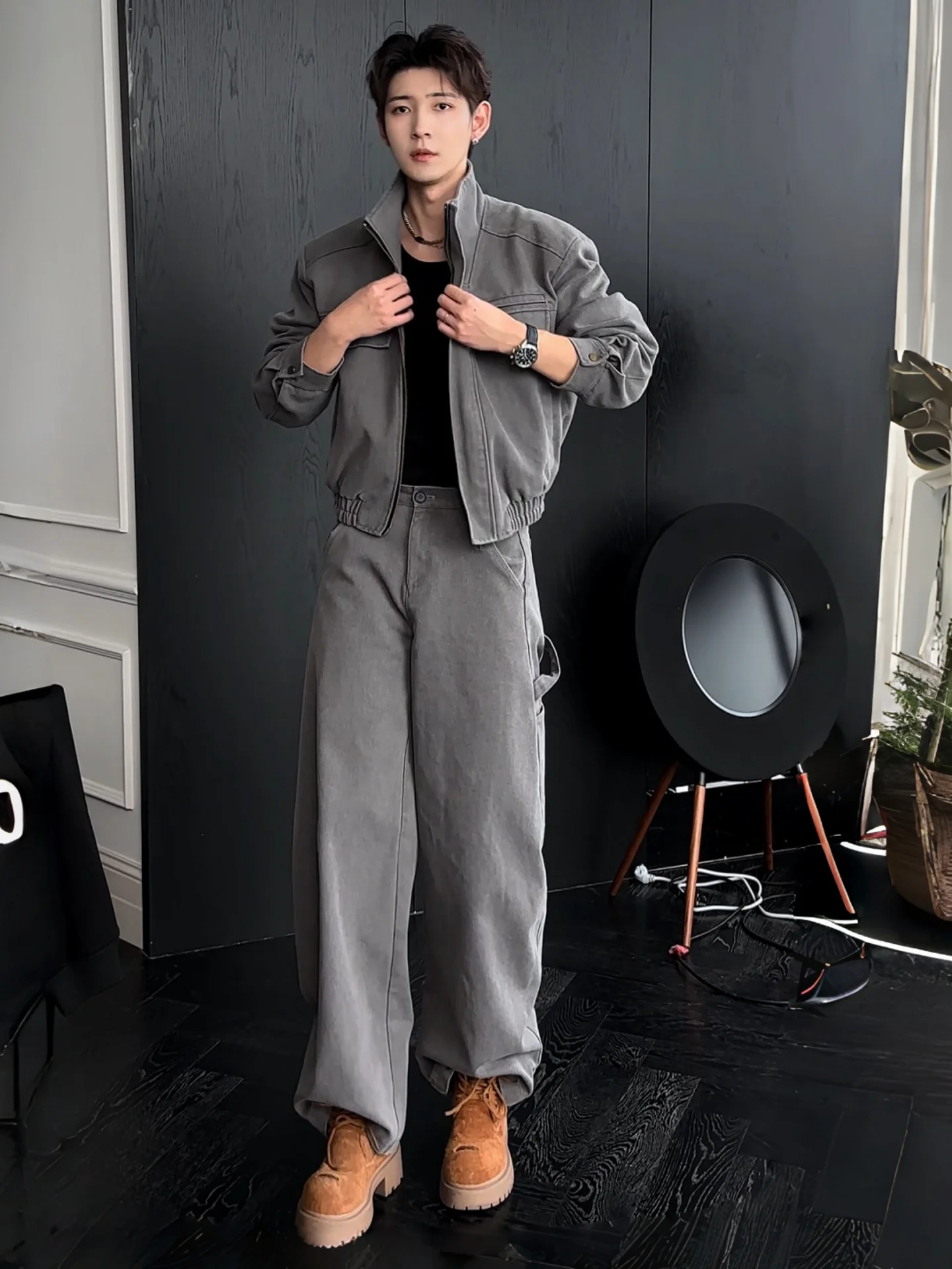 

Retro American Workwear Sle Men's Jaet Coat with Stand Collar Casual Pants Set Autumn High-End Cool And Haome