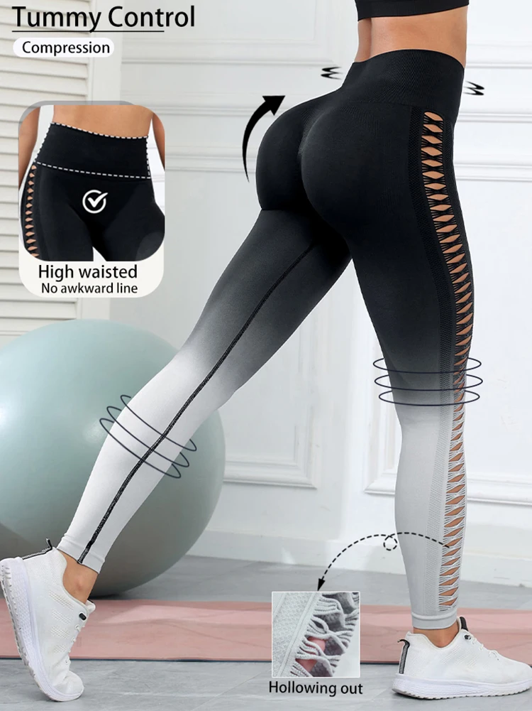 2025 Gradient Gym Leggings Women Booty Lifting Skinny Stretch High Waist Leggings Women Running Outdoors Hollow Out Pants