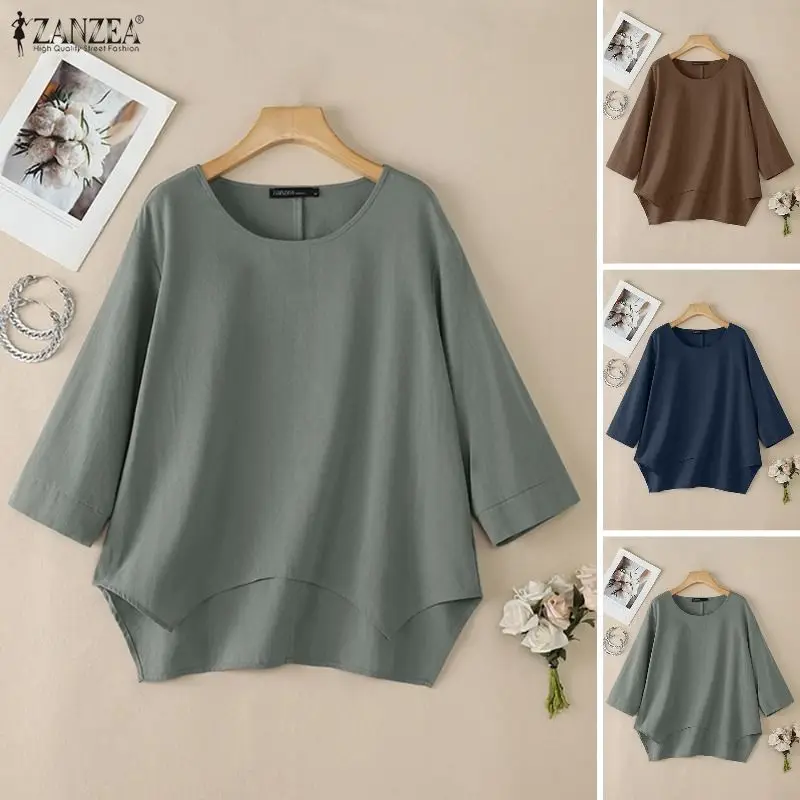 ZANZEA Lässige Baumwoll-Bluse für Damen mit 3/4-Armel, O-Ausschnitt, einfarbigem Hemd, asymmetrischem Saum, locker geschnitten, übergroße Urlaubstunika, Größe 3XL – Detail 12