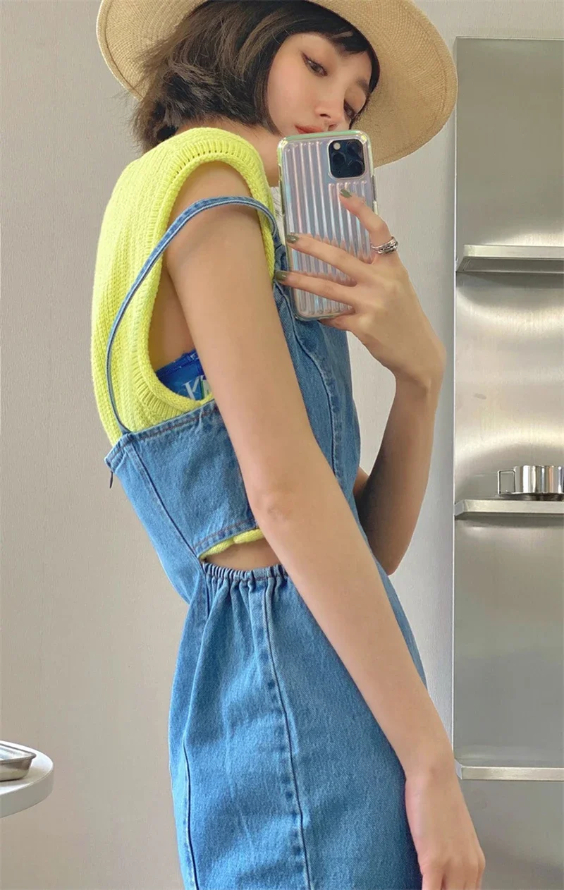 

2022 Korean Fashion Women's Asymmetrical Thin Shoulder Strap Dresses Summer Sexy Waist Hollow Denim Dress Suspenders Vestidos