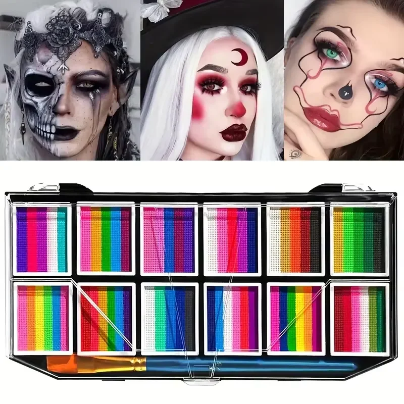 12 Grids Face Body Paint Palette Makeup,Rainbow Split Cake Palette,Water-based Non-Toxic Face Paint For Halloween Festivel Party