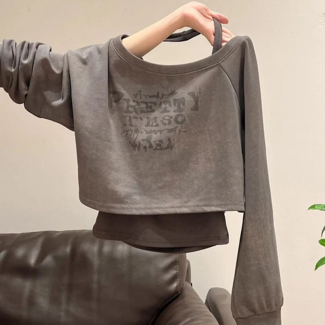 American Style Long Sleeve Sweatshirt Shoulder Bared Neck Angle Diagonal Women's T-Shirt Two Piece Set Commute Season Autumn ...