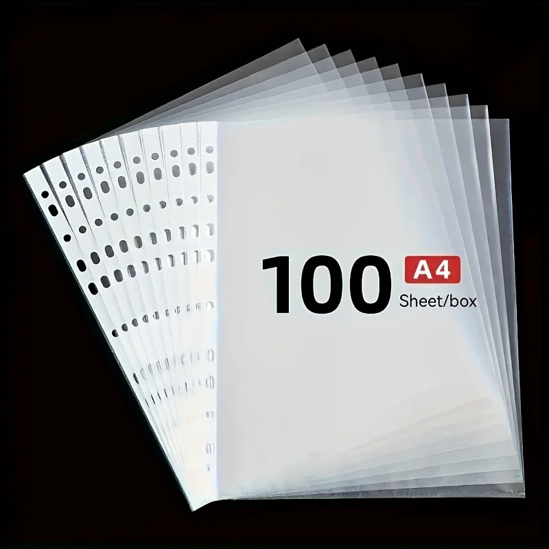 100pcs Page Protector Covers, Holds 8.5 X 11.0 Inch Paper, Top Cloth Opening, Transparent 11 Holes Fits 3 Rings Binder