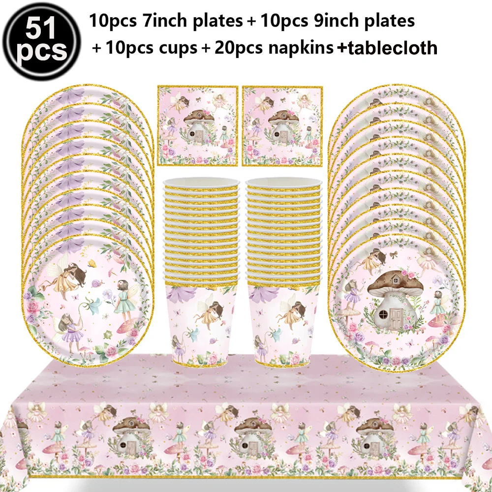 Feen-Party-Geschirrset inklusive Pappteller, Tassen, Servietten, Blumenfeen, verzauberter Wald, Garten, Besteck-Set, Babyparty-Dekoration – Detail 2