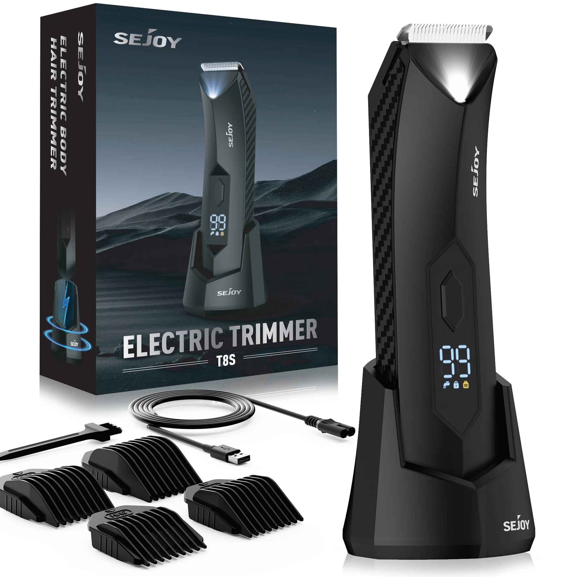 Sejoy T8S Lichaamshaartrimmer voor mannen, baltrimmer voor lies en schaamhaar, verwisselbaar keramisch mes, elektrische scheerapparaat, IPX7 waterdicht