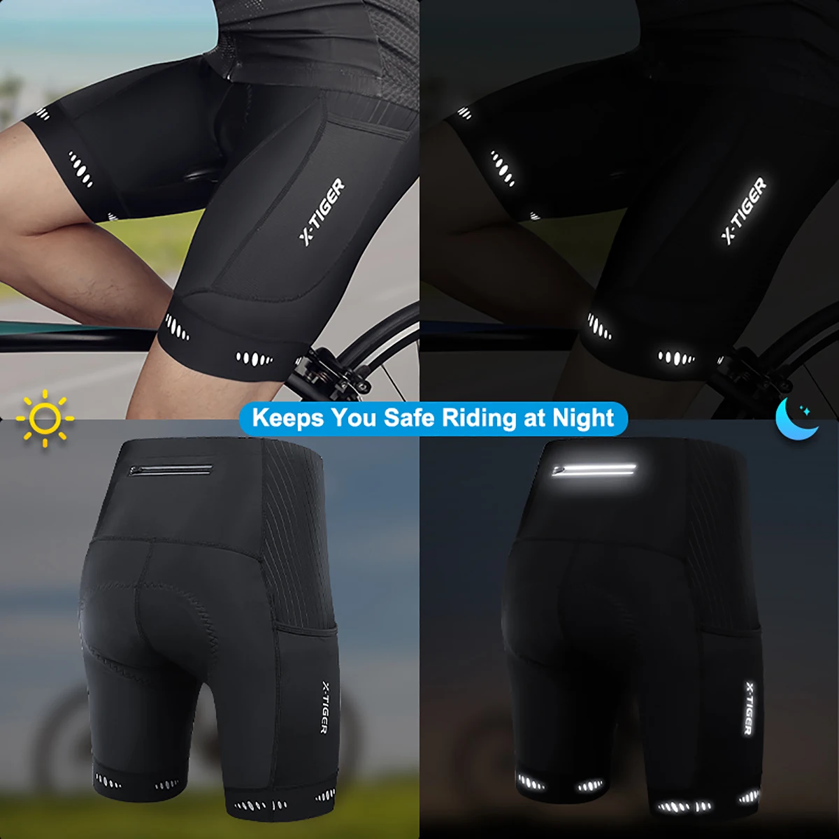 X-TIGER Cycling Shorts Mens Bike Shorts 5D Gel Pad Riding Short Reflective logo Bicycle Shorter With 3 Pocket MTB Cycling Tights