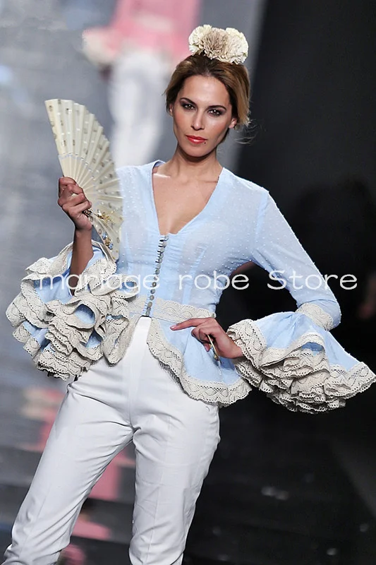 Two Pieces Flamenco Suit Prom Occasion Dresses Ruffles Clound Fairy Long Sleeve Lace Applique Evening Pant Suit Outfit