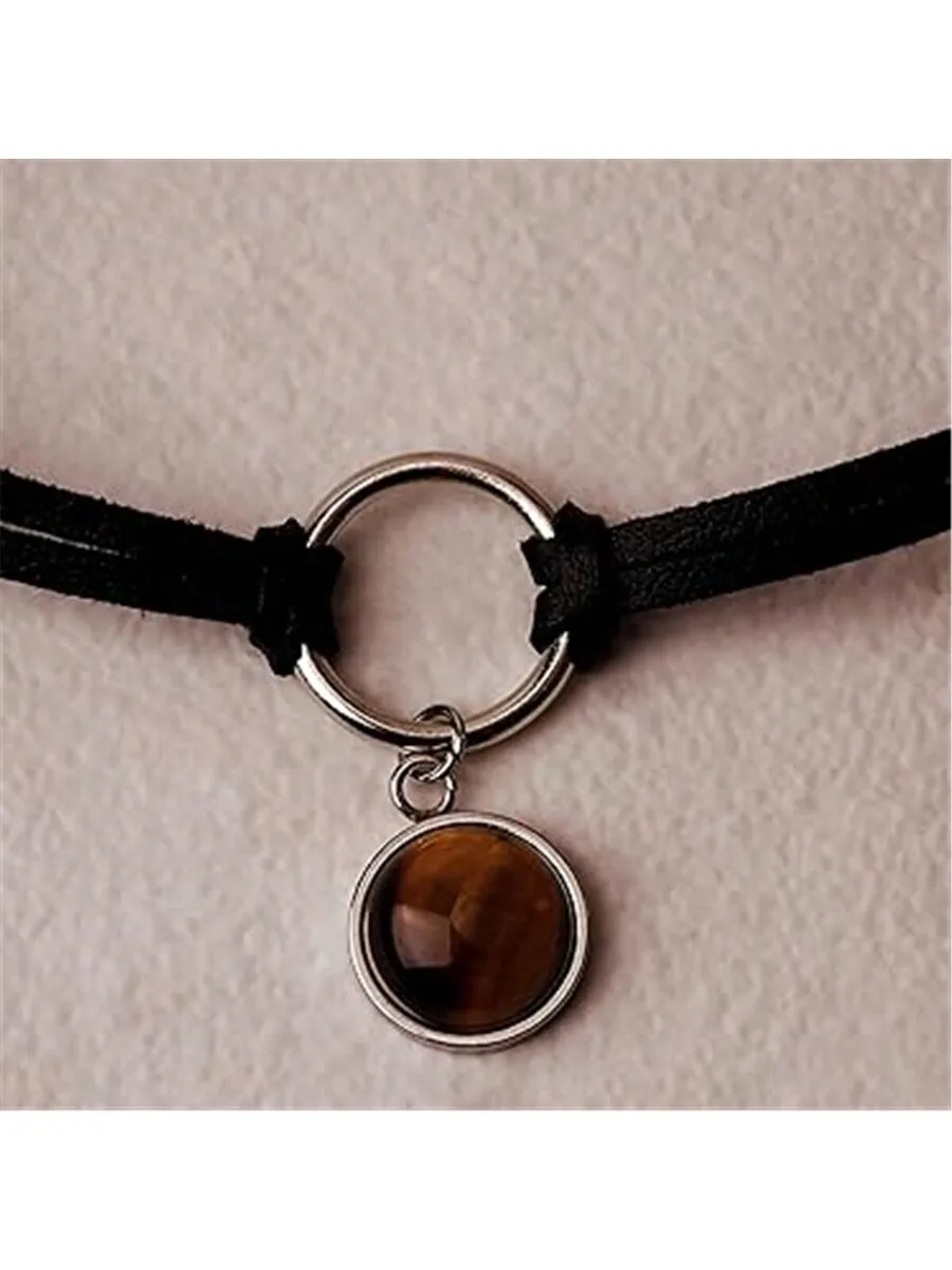 

Gothic Boho Tiger Eye Choker Necklace With O Ring Faux Leather Pendant For Women