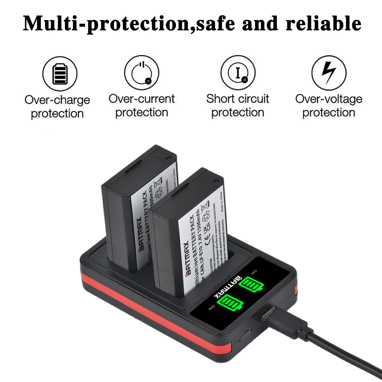 Batmax 1500mAh LP-E10 LPE10 + Charger with Type C Port for Canon EOS Rebel T3 T6 T7 T100 Kiss X50 X80 X90 1500D 3000D 4000D Came