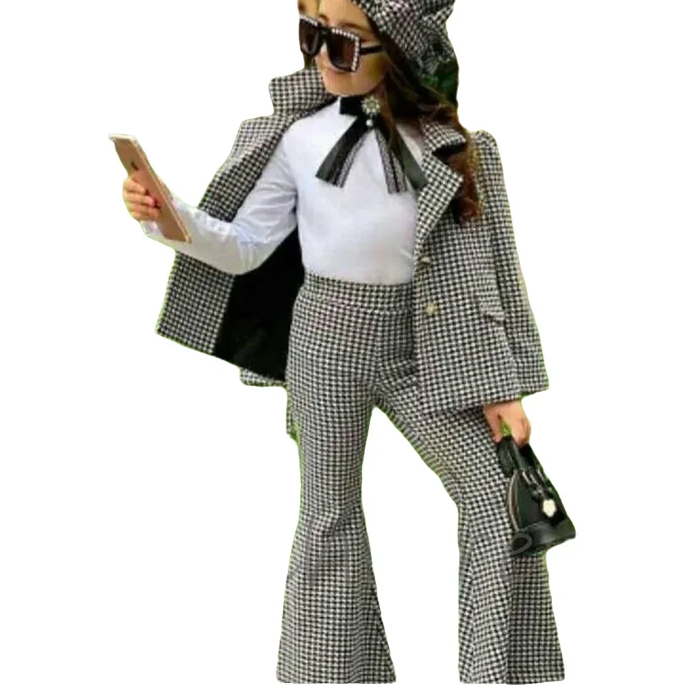 Houndstooth Luxury Child Set Girls Suit Two Pieces Notch Lapel SIngle Breasted Elegant Outfit Jacket Pants Holiday Costume