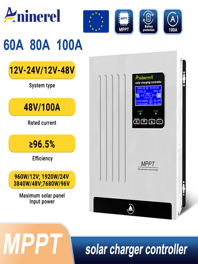 Aninerel 100A 80A 60A MPPT Solarladeregler 12V 24V 48V Batterieladegerät 150VDC Solar Blei Lithiumbatterien Ladegerät