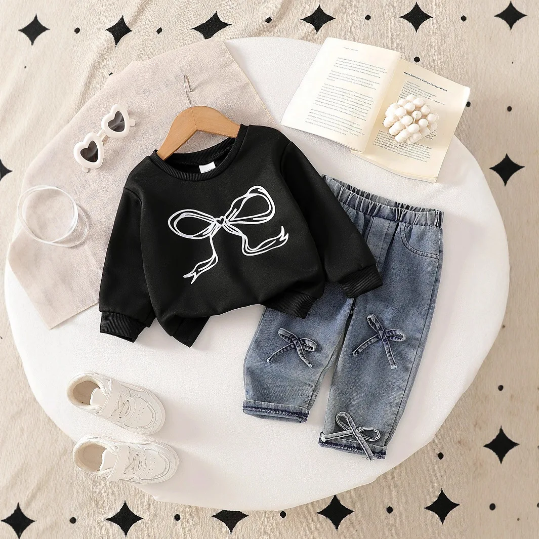 Girls Infant Two Piece Set Bow Embroidered Black Long Sleeve Sweater Denim Jeans Casual Outfit