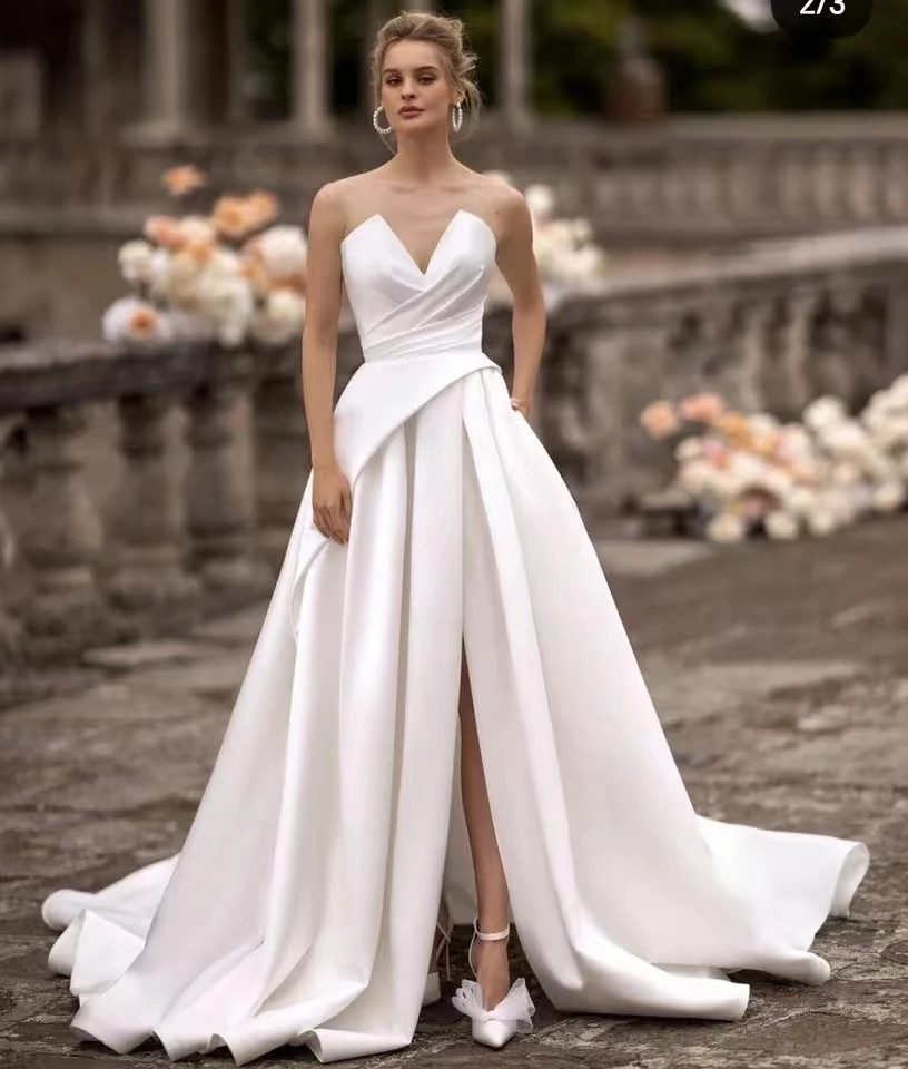 Elegant Wedding Party Dress 2024 Women Sweethearts Satin Wedding Gown With Pocket Side Split Bespock Bride Dresses in stock