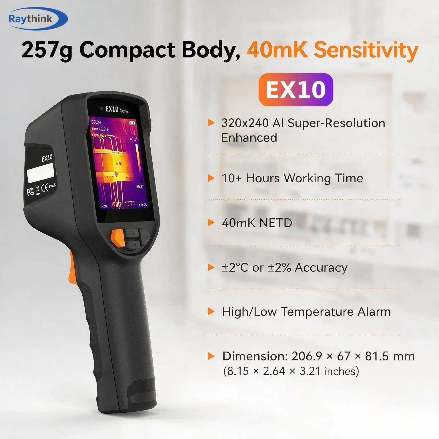 Raythink EX10 Handheld Thermal Camera 257g Lightweight 40mK High Sensitivity ±2°C Accuracy Temp Alarm, 320x240 Super Resolution