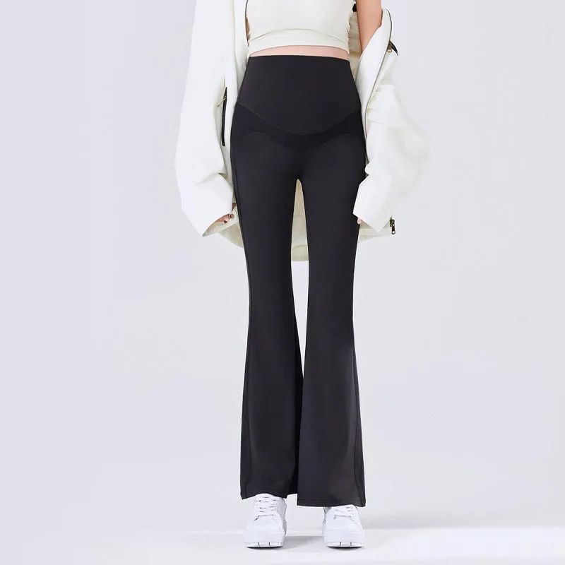 Pregnant Women's Spring and Summer High Waisted Tight Fitting Flared Pants Slim Leg Long Black Maternity Pants
