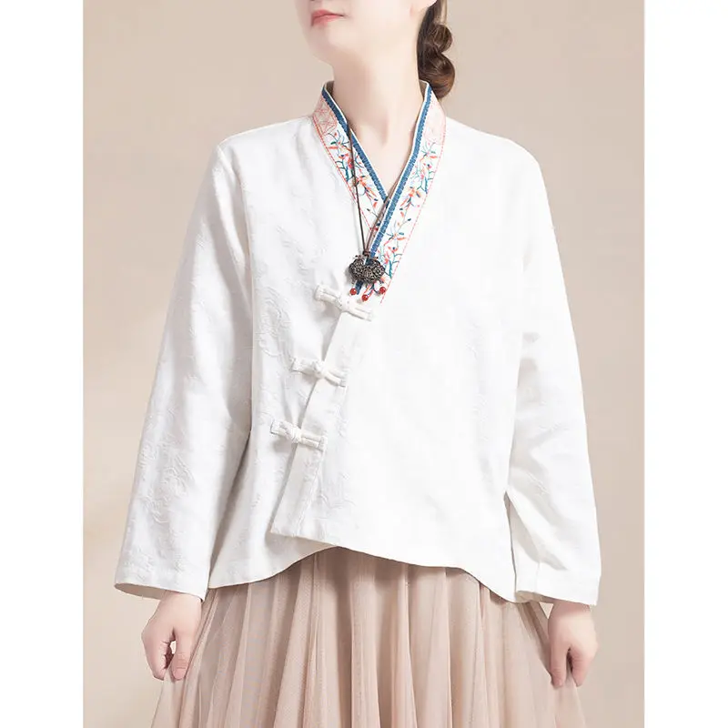 Chemisier en coton et lin de style chinois traditionnel pour femmes, olympiques tang, chemisier hanfu vintage, haut kimono, automne