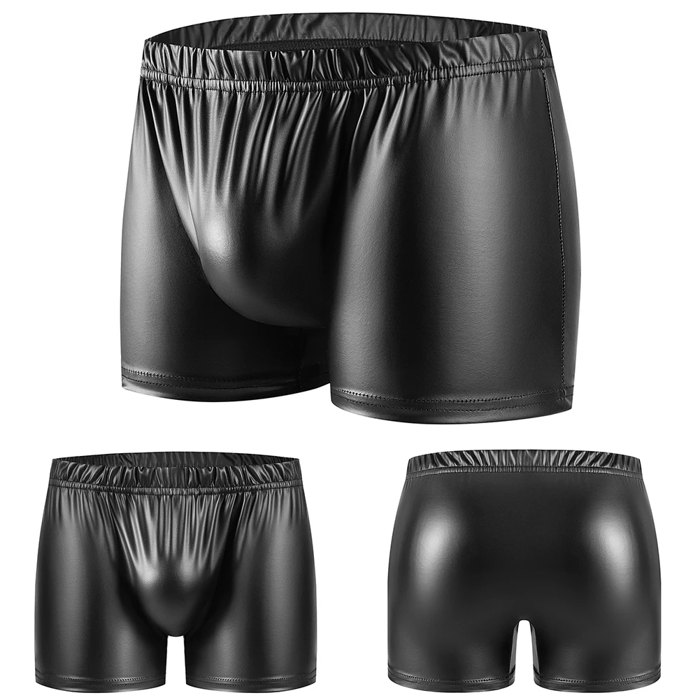 Sexy Men Black Wet Look Leather Boxer Shorts And Underpants Trunks Pouch Boxers Beach Board Shorts Men\'s Panties Underpants