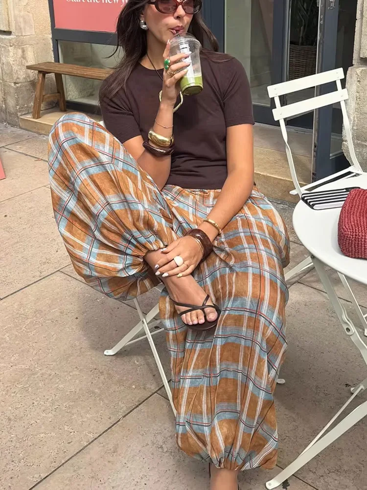 กางเกงลำลองผู้หญิงแฟชั่นฤดูใบไม้ร่วง ผ้ารามี ลายสก็อต ทรงหลวม สไตล์เก๋ไก๋ หรูหรา มีเชือกผูกเอว สไตล์ไฮสตรีท