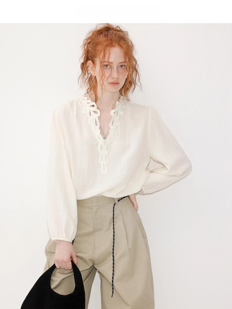 

Ele Simple Embroidered Hollow Long Sve irt Women Early Spring Lace Collar Lazy Sle French Sle Loose Fit Top