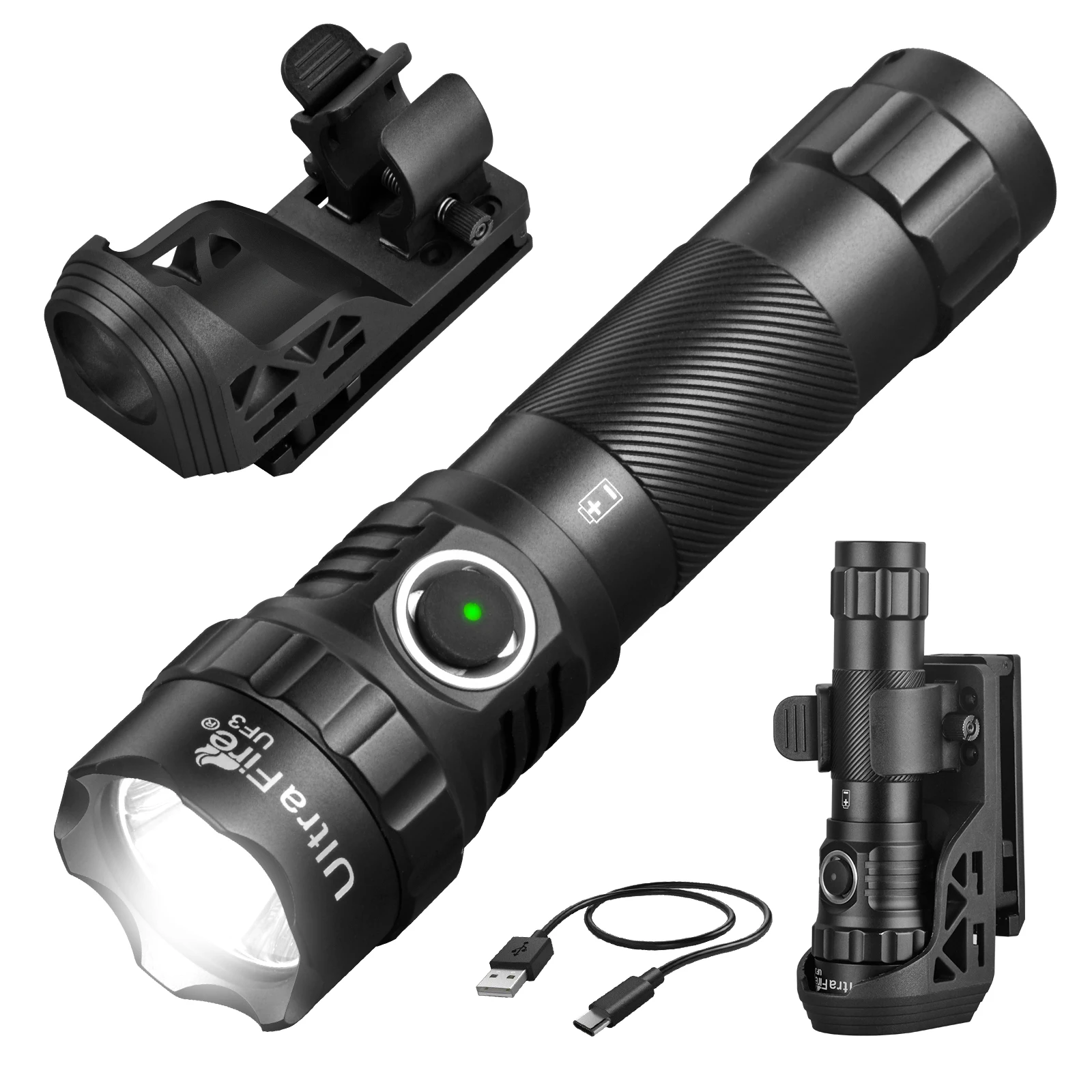 UltraFire UF3 Police Tactical Flashlight 1200 Lumen Portable High Power Led Lamp 21700 USB Rechargeable Torch with Belt Holster